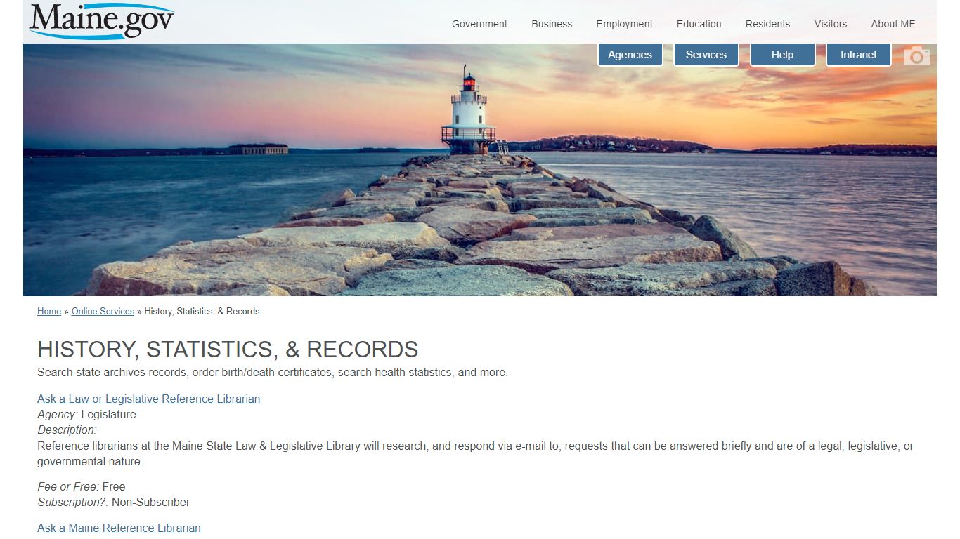 Maine.gov: Online Services: By Category: History, Statistics, & Records